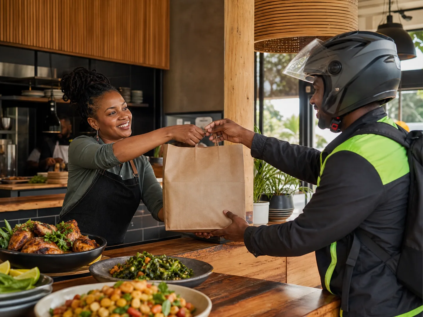 A restaurant team handing a prepared order to a courier in Harare