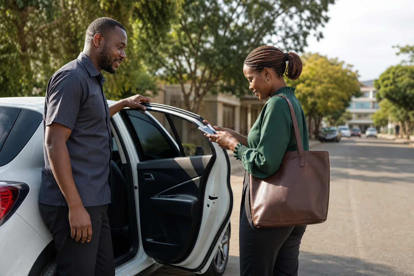 A LetsGoRide driver welcoming a passenger beside a car in Harare